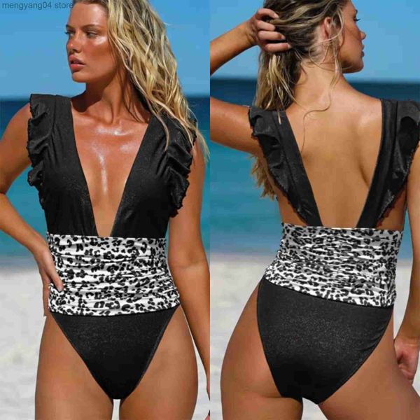 Costumi da bagno da donna 2022 New Sexy Ruffle Print Costume da bagno intero floreale con spalle scoperte Costumi da bagno Donna Solid Deep-V Beachwear Costume da bagno T230606