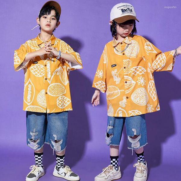 Stage Wear Kids Concert Street Outfit Abbigliamento Hip Hop Camicia con stampa gialla Pantaloncini di jeans per ragazza Ragazzo Costume da danza jazz Abiti per adolescenti