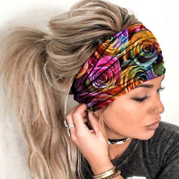 Kopfbedeckung Haarschmuck Boho Stretch Headwrap Frauen Rose Blumendruck Stirnband Elastisches Kopfwickelband Bandana Breiter Schal Turban 230605