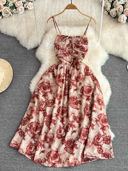 Lässige Kleider Romantischer Rosendruck Spaghettiträger Y2K Vintage Hohe Taille Großes Swing Partykleid Damen Sommer Tank Top P230606