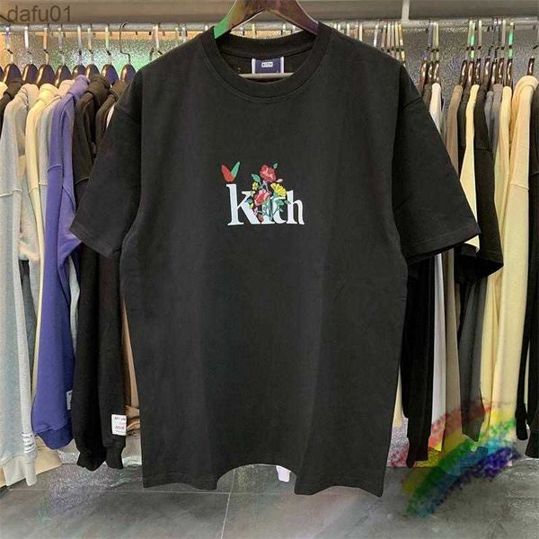 Kith Siyah Beyaz Kayısı Tişört Erkekler Kadın Çiçek Kuş Baskı T-Shirt Tag L230520