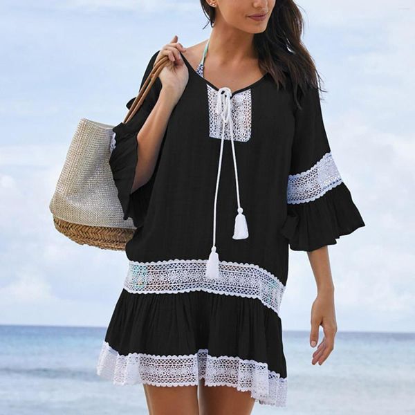 Vestidos Casuais Fato de Banho Feminino Vestido de Praia Verão Meia Manga Kaftan Túnica Robe Pareo Senhoras Boho Solto Renda Babados Festa