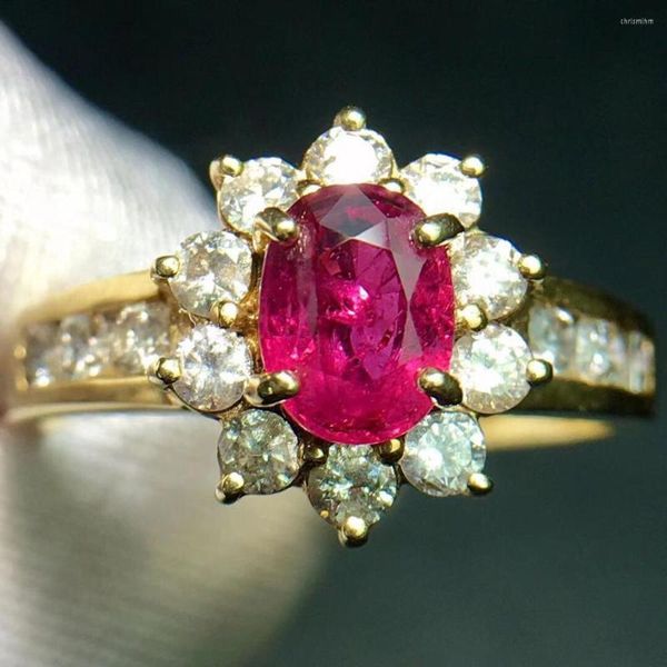 Cluster Rings Anel de rubi puro joias de ouro 14 K real natural 0,95 quilates diamante vermelho aniversário feminino para mulheres finas