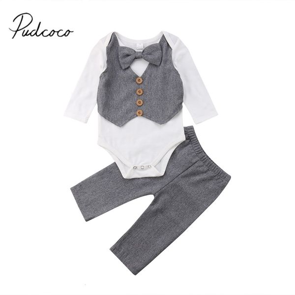 T-shirt neonato di marca neonato maschi vestiti da uomo 2 pezzi manica lunga fiocco grigio pagliaccetto formale top pantaloni lunghi vestito da festa 230606