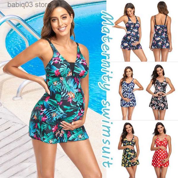 Annelik Swimwears Hamile Mayo Hamile Kadın Mayo İki Parçalı Bikini Baskılı Kıyafet Strap Etek Plaj Giyim Setleri Plus Boyut T230607