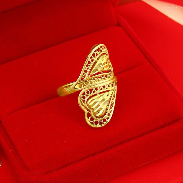 Cluster-Ringe, 24 Karat vergoldet, glänzend, für Damen, Doppelherzform, Hochzeit, Verlobung, Geburtstag, schöne Schmuckgeschenke