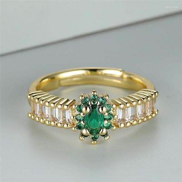 Alianças de casamento bonito feminino branco zircão anel de noivado verde cristal oval pedra abertura cor de ouro antigo para mulheres