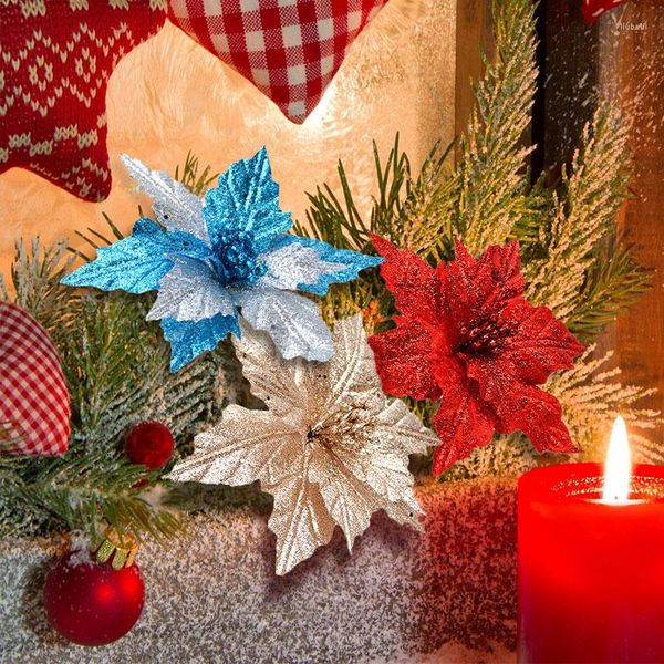 Fiori decorativi Oro rosso Natale Glitter Poinsettia artificiale Fiore Albero di Natale Decor per la festa domestica 2023 Navidad Year Ornament