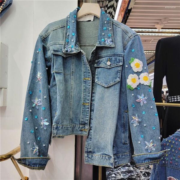 Jaquetas Femininas Jaqueta Denim Feminina 2023 Primavera Indústria Pesada Conta Flor Jeans Casaco Outwear Irregular Curto Casaco Feminino