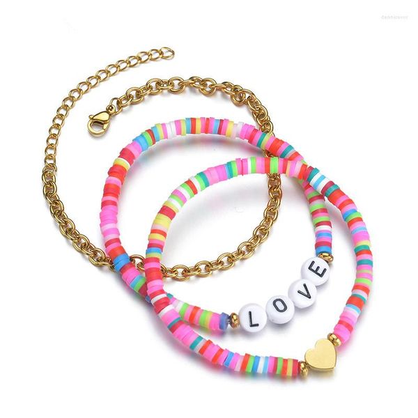 Charm Bracelets 3 Pcs Heart Letter Bracelet Set Summer Beach Jóias Aço Inoxidável Cor Dourada Corrente Elos Coloridas Polímeros Clay Beads