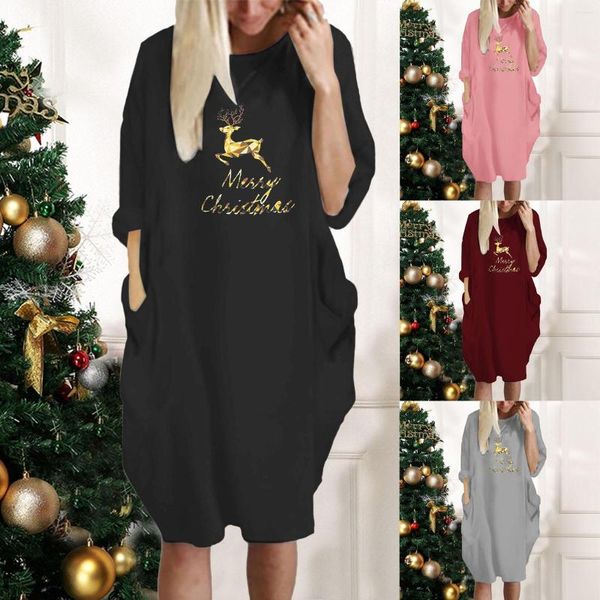 Vestidos casuais de natal com estampa de alce manga longa para mulheres 2023 túnica de festa de casamento vestido elástico macio com bolso