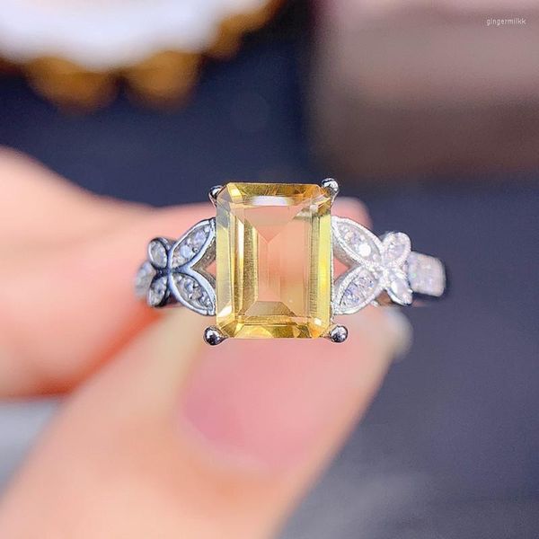 Cluster Rings Natural Real Amarelo Citrino Retângulo Anel Borboleta 925 Prata Esterlina 6 8mm 1.6ct Pedra Preciosa Jóias Finas Para Homens Mulheres