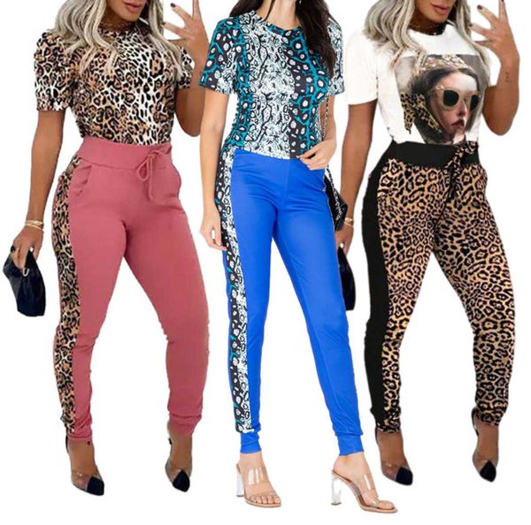Nuovo set da donna casual estate blu stampa leopardata combinazione moda set t-shirt manica corta set due pezzi