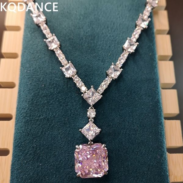 Подвесные ожерелья KQDANCE Имитируют 15 -миллиметровые квадратные изумрудные желтые желтые розовые бриллиантовые теннисные ожерелье для женщин серебряным золотым украшениями 230607