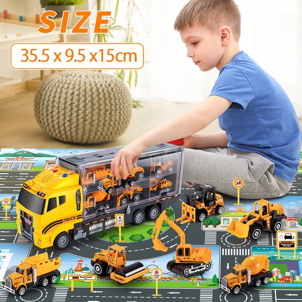 Diecast Model Temi Transport Container Truck Set Set с Mat 6pcs Mini Engineering автомобили Car Toy Gift для мальчиков и девочек 230605