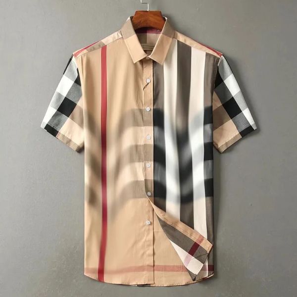 2023 Yüksek Kaliteli Tasarımcı Erkek Gömlek Burbereys Mens Camisas De Hombre Moda Geometrik Kontrol Baskı Kısa Kollu Yakası Business Çok Yönlü M-3XL