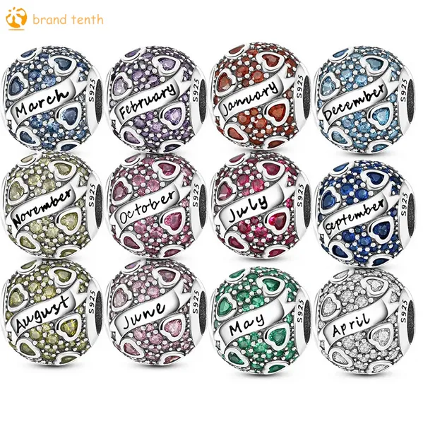 925 Sterling Silber für Pandora-Charms, authentische Perlenarmbänder, Perlen, kubischer Zirkon-Geburtsstein, 12-Monats-Charms