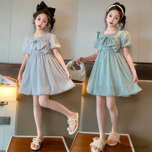 Vestidos para meninas Vestido de princesa de verão com laço grande Crianças Bonito Minicurto para meninas Sólido Festa Crianças Roupas Adolescentes 9 R230607