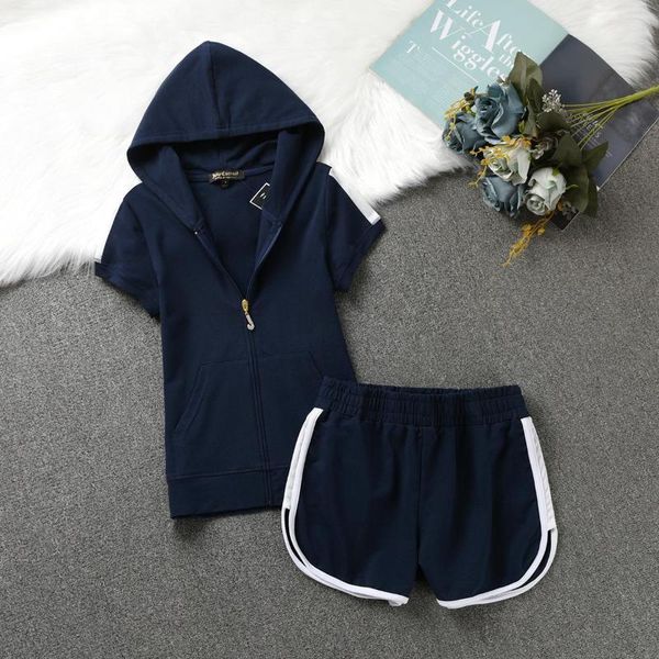 Damen-Trainingsanzüge, Damen-Sommer-Outfit, Baumwoll-Mesh-Stoff, kurzärmeliger Kapuzenpullover und seitlich geteilte Shorts, zweiteiliges Set für Mädchen