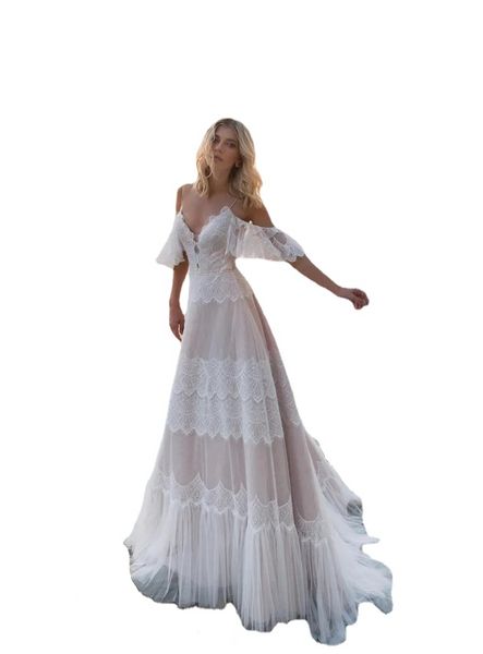 Eine Linie böhmische Strandhochzeitskleider Spitzenapplikation Spaghettiträger Tüll Sweep Zug Boho Brautkleider Robe de Mariee Frauenkleid