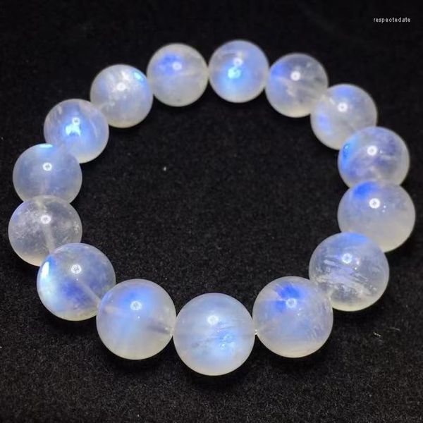 Pulseira de miçangas redondas transparentes transparentes com cordão natural azul claro 14 mm Flash Feminino Masculino