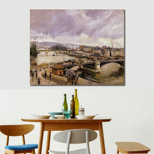 Arte su tela impressionista Il Pont Boieldieu Rouen Effetto pioggia Camille Pissarro Dipinto ad olio Paesaggio fatto a mano Arredamento camera da letto