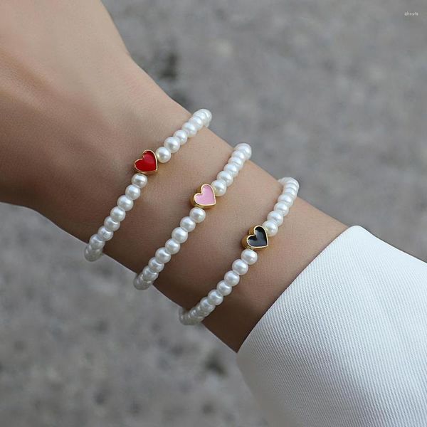 Charm Bracelets Fashion Colorful Heart Bracelet Women Sweet Classic Handmade 4mm Imitation Pearl Bead Para Jóias Presente