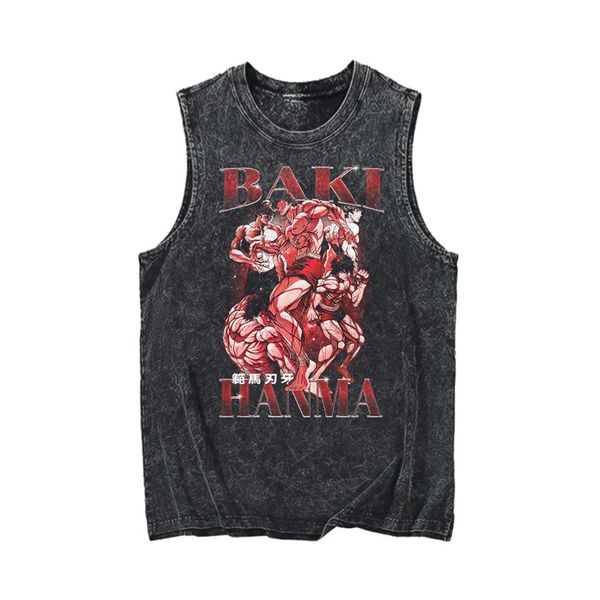 Mens T-Shirts Anime Baki Hanma Baskı Gym Tank Tops Erkekler için Kadınlar%100 Pamuklu Sıradan Vintage Siyah Kolsuz Tshirt Gotik Yelek Yaz 230607