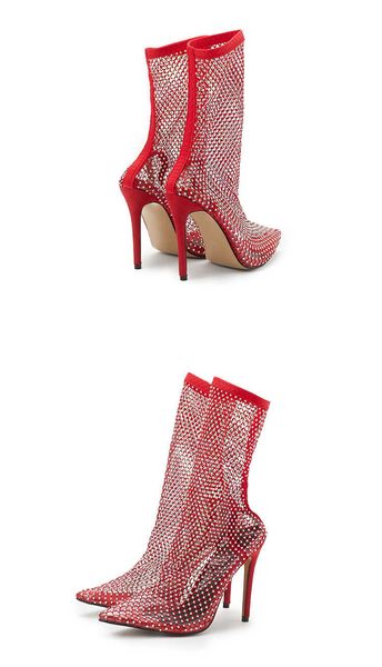 Kadın sandalet yaz kristal elmas örgü kadınlar sivri uçlu moda nefes alabilir kırmızı beyaz parti kulüp ayak bileği botları ayakkabı 230511