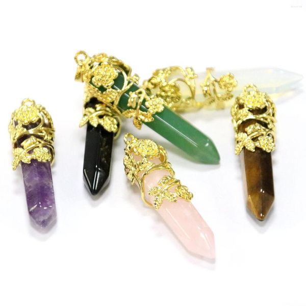 Anhänger-Halsketten, sechseckiger, spitzer natürlicher Kristallstein, goldene Blume, umwickelt, Amethyste, Opal, Tigerauge, rosa Quarz, Pendel, Reiki-Energie