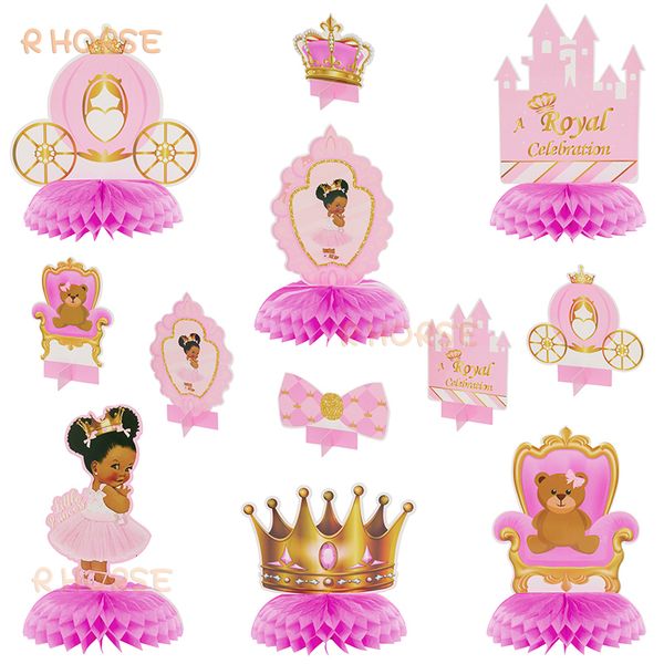 Ocasiões especiais 12 peças afro-americanas para bebês meninas favo de mel rosa com tema real coroa carruagem centro de mesa centro de mesa revelação de gênero decoração de festa 230606