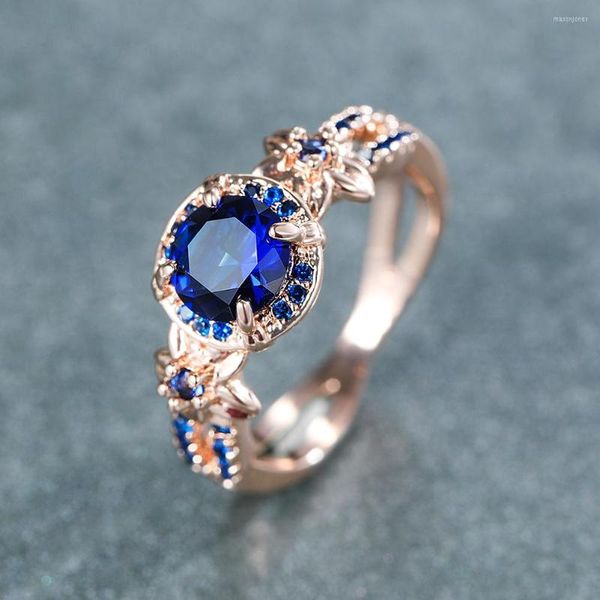 Anéis de casamento azul real pedra charme estrela anel de flor prata rosa ouro cor redonda zircônia bandas noivado para mulheres jóias cz