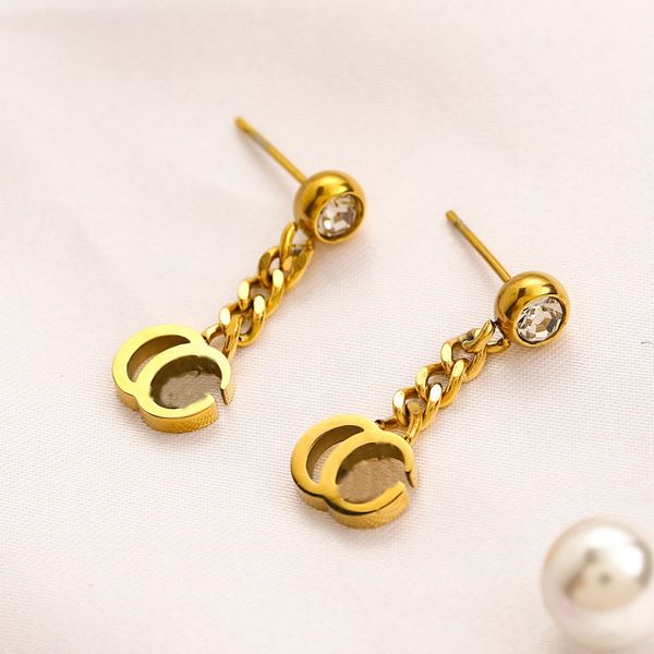 Classic Style Stainless Steel Dangle Earrings Famous Women Brand Letter Designer Chandelier Earring 18K Gold Plated Inlaid Crystal Ear Loop Christmas Jewelry