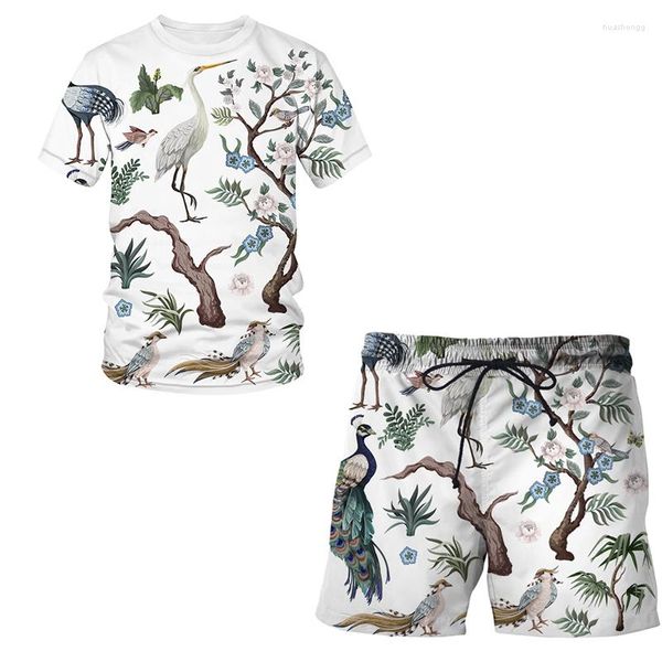 Мужские спортивные костюмы осенние мужские спортивные костюмы 3D футболка цветочная птица и растения иллюстрация модная спортивная уличная одежда негабаритная мужская брюки повседневная