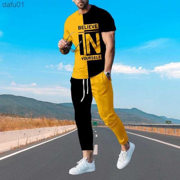 Roupas de verão Moda Homem Impressão 3D Amarelo Believe Manga T-Shirt Calças Terno Calças Longas Roupas de Rua Conjunto de Roupas Masculinas L230520