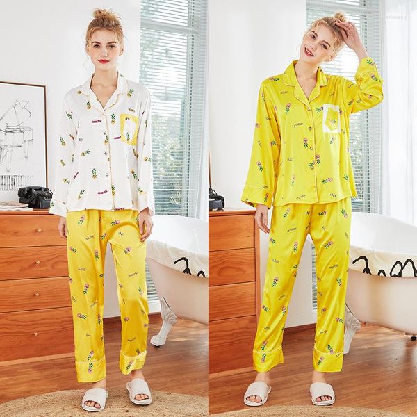 Damen-Nachtwäsche TonyCandice Damen-Pyjama Sexy Unterwäscheanzug Seidensatin Zweiteiliger weicher Damen-Pyjama mit langen Ärmeln