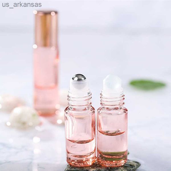 Profumo 12 pz / lotto 5 ml / 10 ml Rotolo in oro rosa su bottiglia Vetro spesso Fiale di olio essenziale di profumo vuoto con sfera in acciaio inossidabile L230523