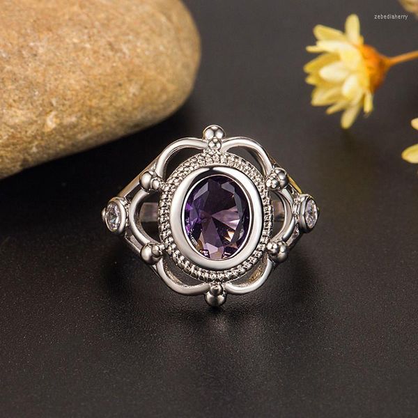 Fedi nuziali Carino femminile rosso viola pietra anello promessa argento colore zircone fidanzamento cristallo di lusso ovale per le donne