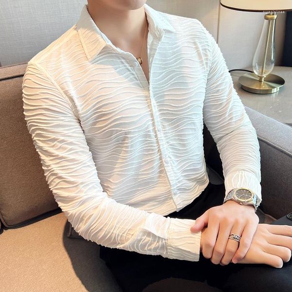 Camisas casuais masculinas preto/branco moda padrão onda manga longa smoking camisa para homens roupas 2023 ajuste fino vestido formal homem outono