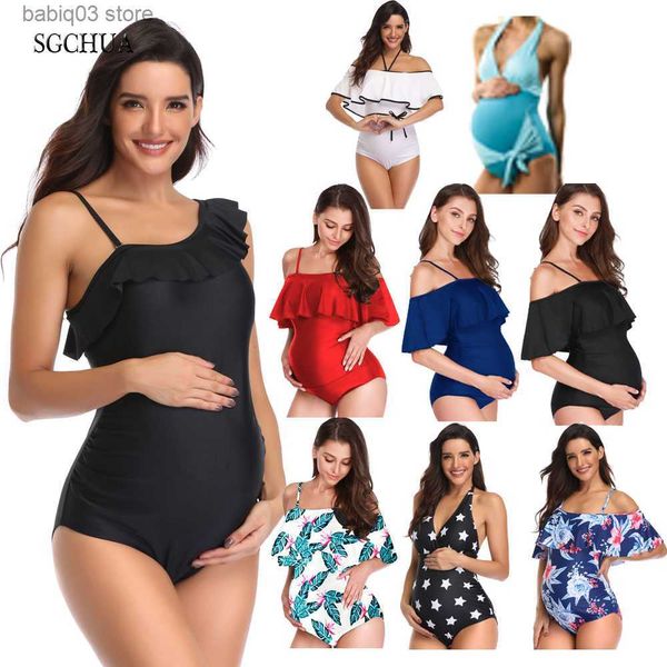 Costumi da bagno premaman SGCHUA Nuovo costume da bagno intero con volant a balze Donna incinta Plus Size 5XL Costume da bagno premaman rosso solido nero Costume da bagno spiaggia T230607