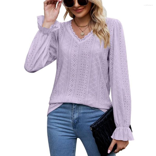 Blusas Femininas Blusa de Renda Outono Manga Comprida Guarda-Chuva T-shirt Oca Decote em V Fresca Doce Moda Feminina Tops