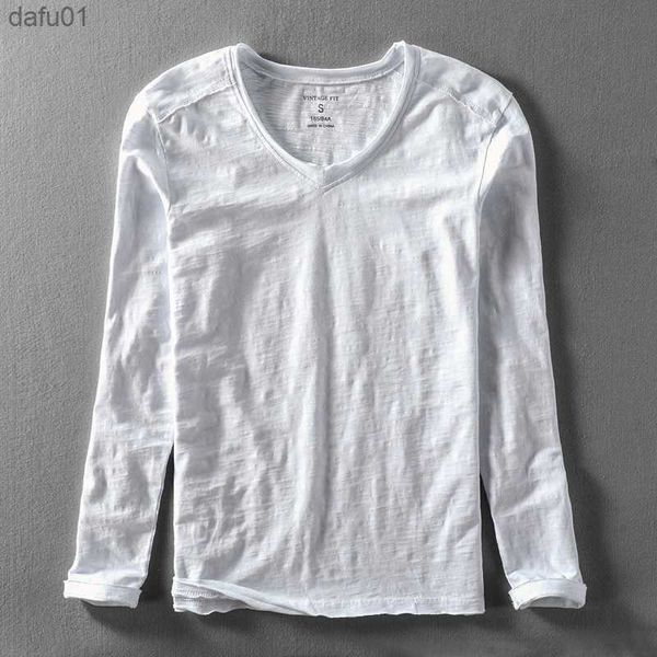 T-shirts vintage de manga comprida de algodão de bambu da moda, casuais, t-shirts finas, t-shirt confortável, t-shirt envelhecida L230520