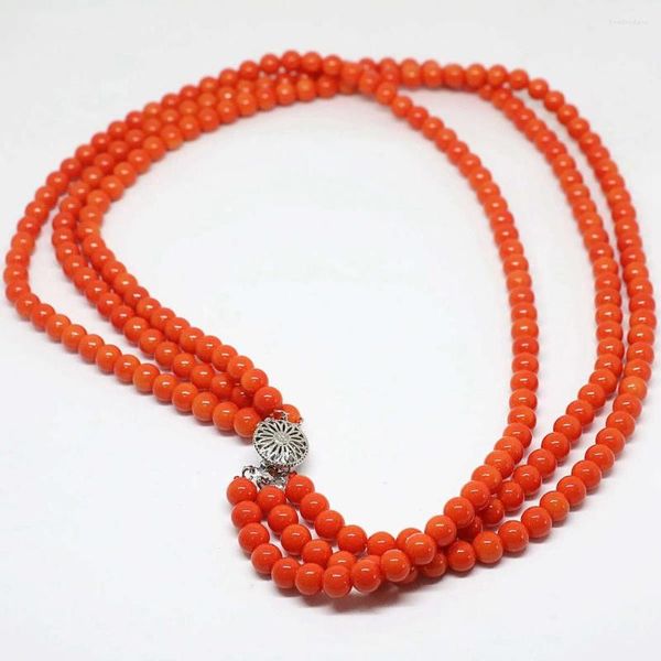 Correntes Romântico rosa laranja laranja coral artificial 3 linhas Design de moda de 6 mm de colar de miçangas redondas Charms Jóias de presente 18 polegadas B1451