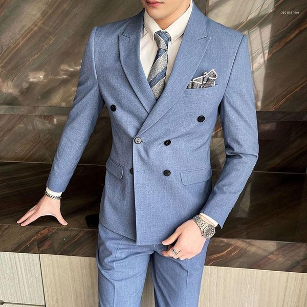 Erkek Suit Butik Erkek Moda İşletme Üç Parça Takım: Slim çift göğüslü ceket yelek ve gündelik/resmi giyinme için pantolon
