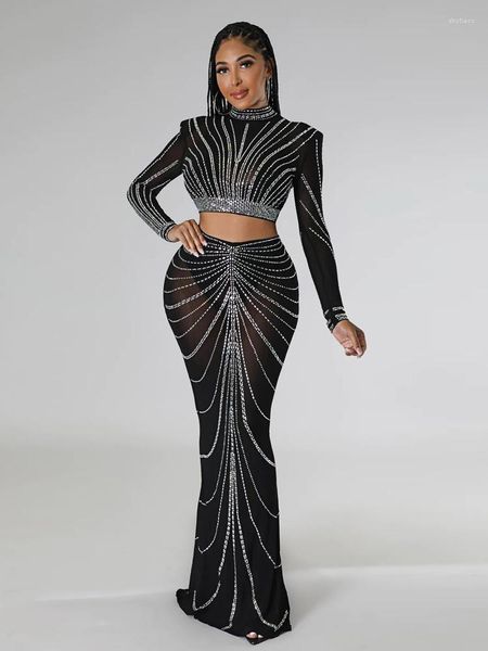 Abiti da lavoro Idress sexy Black Shine Rhinestone Crystal Sheer Skirt Set 2023 Women Long Sleeve Top e Maxi Suits Night Club Wear