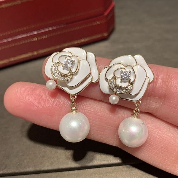 Bellissimi orecchini a bottone con pendente a goccia di perle eleganti con fiore rosa per le donne nuova moda alla moda designer di lusso sparkle zirconia orecchini con diamanti gioielli in argento