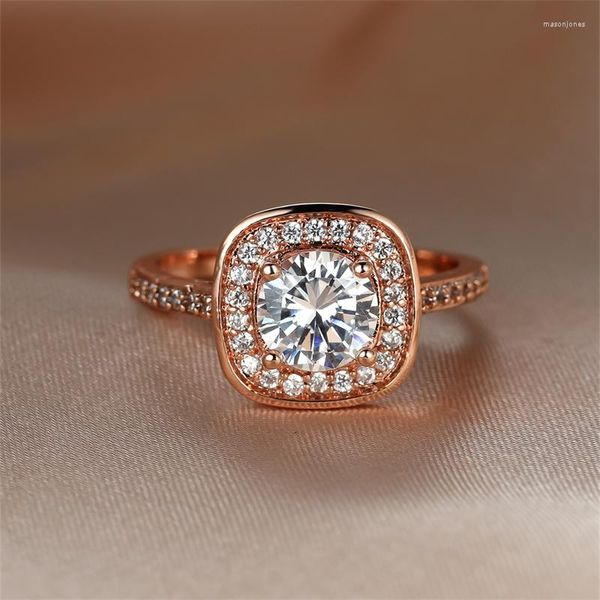 Anéis de casamento vintage de cristal feminino quadrado grande para mulheres cor de ouro rosa redondo branco zircão bandas de pedra promessa anel de noivado