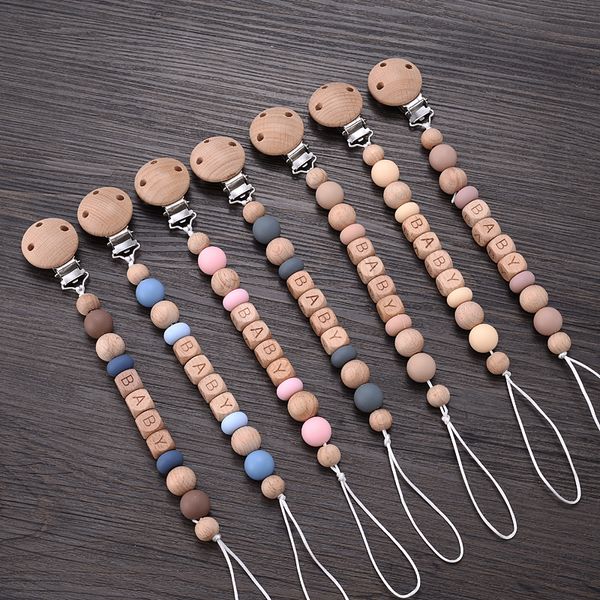 Baby Beißringe Spielzeug Baby personalisierte Namen Schnullerclips Silikon Holz Buche Perlen Anti-Verlust Schnullerkette für Schnuller-Nippelhalter BPA-frei 230606