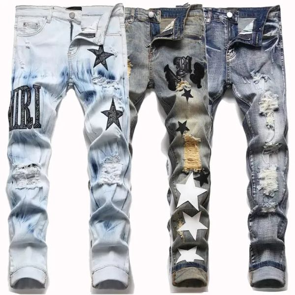 Mens Jeans Hiking Pant Ripped Hip hop High Street Fashion Brand Pantalones Vaqueros Para Hombre Motorcycle Embroidery Close-fitting