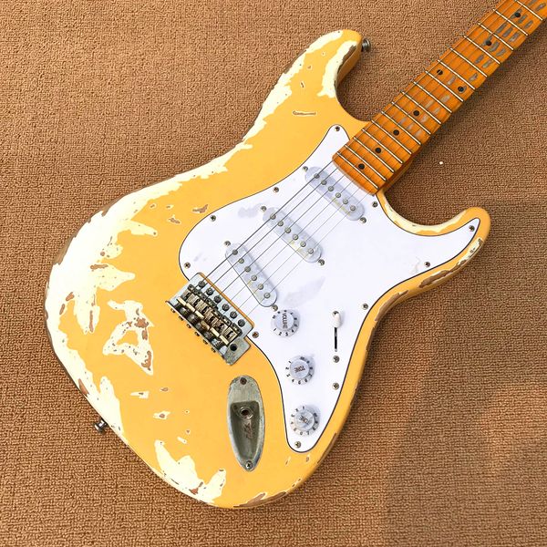 Custom Shop Yellow Aged Relic ST E-Gitarre Ahorngriffbrett Hochwertige Gitarre kostenloser Versand